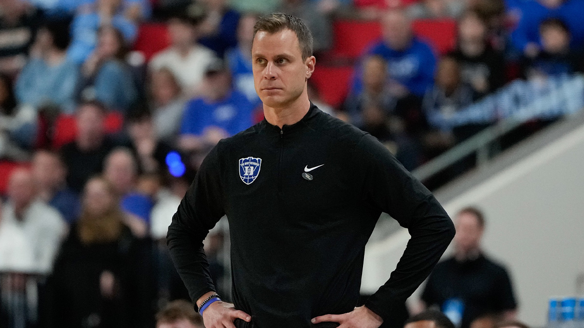 Duke Blue Devils head coach Jon Scheyer reacts during the first half against the Mount St. Mary's Mountaineers in the first round of the NCAA Tournament at Lenovo Center. 