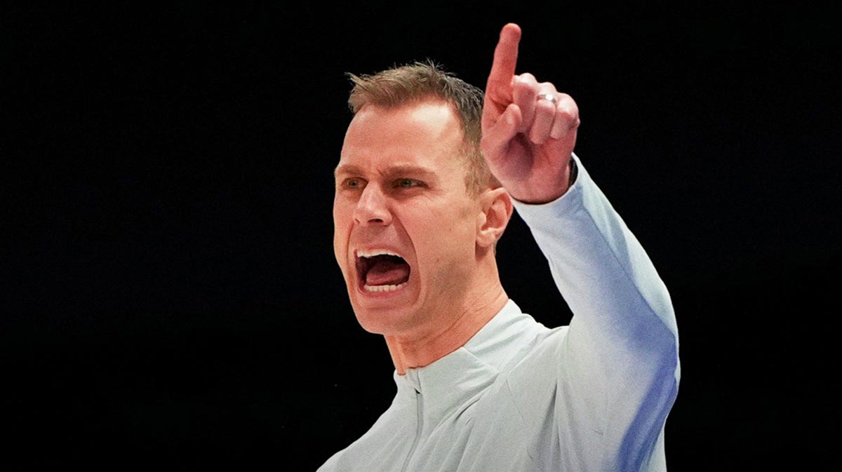 Duke Blue Devils head coach Jon Scheyer reacts in the first half at Spectrum Center.