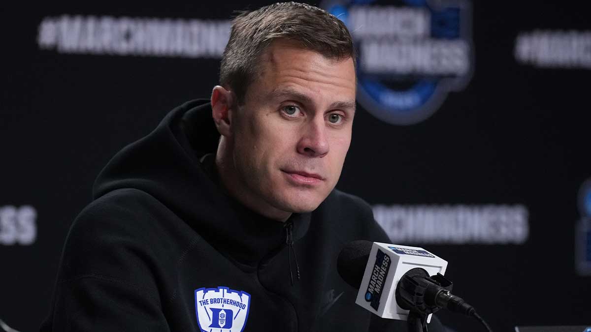 Mar 26, 2025; Newark, NJ, USA; Duke Blue Devils head coach Jon Scheyer talks to the media at the Prudential Center.