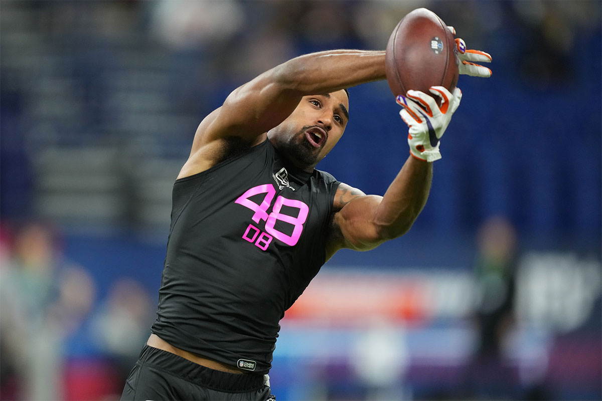 Virginia defensive back Jonas Sanker (DB48) participates in drills during the 2025 NFL Combine at Lucas Oil Stadium.