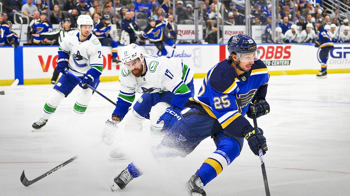 St. Louis Blues center Jordan Kyrou (25) controls the puck as Vancouver Canucks defenseman Filip Hronek (17) defends during the second period at Enterprise Center.