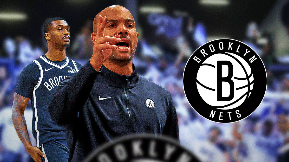 Jordi Fernandez on one side with Dariq Whitehead on the other and a Nets logo in the middle