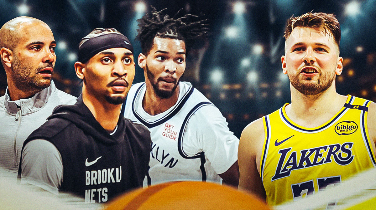 Jordi Fernandez, Keon Johnson, and Ziaire Williams on one side with Luka Doncic on the other