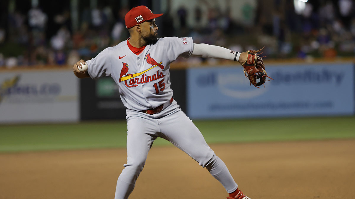 St. Louis Cardinals second base José Fermín (15) makes a throwing error during the seventh inning against the New York Mets at Clover Park.