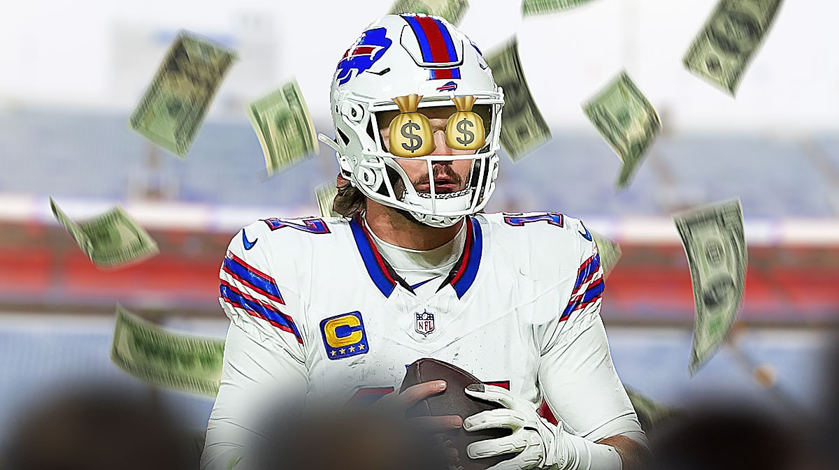 Josh Allen with money bag emojis in his eyes and money falling around him. Highmark Stadium as the background image.