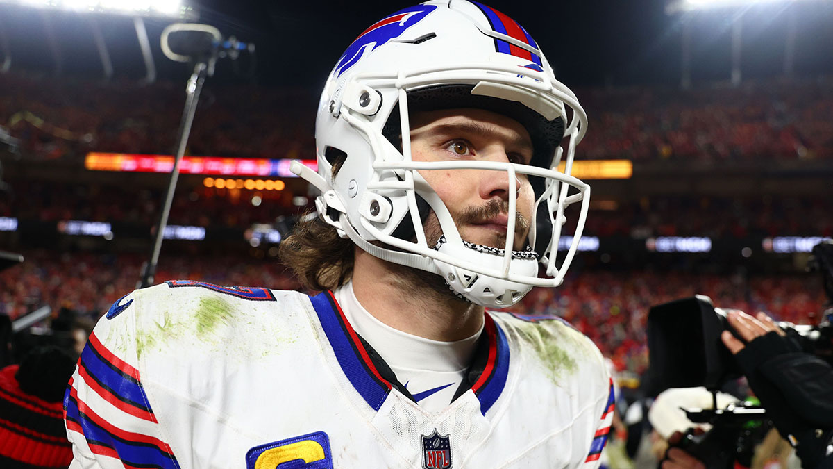 Buffalo Bills quarterback Josh Allen (17) walks off the field after the AFC Championship game against the Kansas City Chiefs at GEHA Field at Arrowhead Stadium.