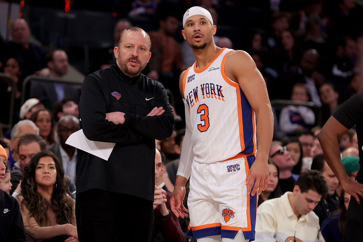 New York Knicks head coach Tom Thibodeau talks to guard Josh Hart (3) during the second quarter against the Milwaukee Bucks at Madison Square Garden.