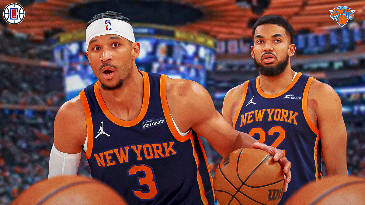 Knicks guard Josh Hart next to Knicks center Karl-Anthony Towns with the Knicks and Clippers logos in the background