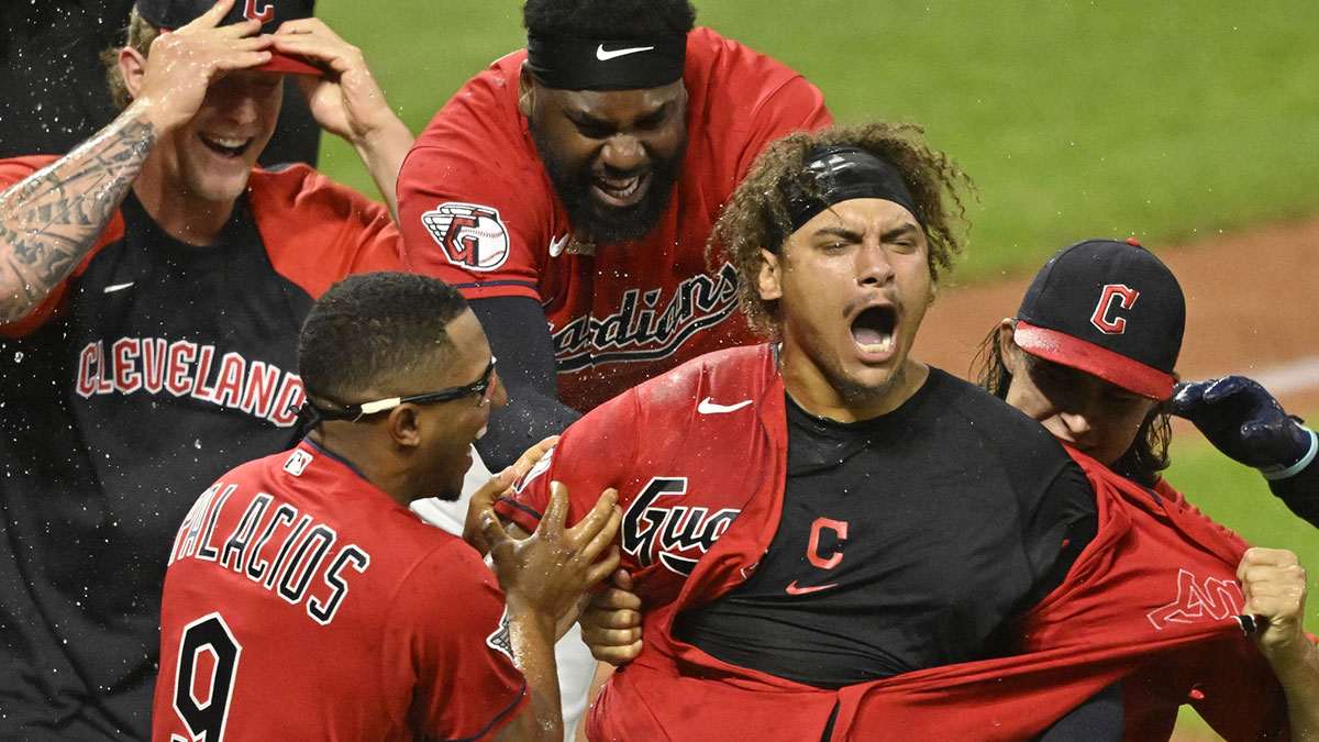 Jun 29, 2022; Cleveland, Ohio, USA; Cleveland Guardians first baseman Josh Naylor (22) celebrates his game-winning two-run home run in the tenth inning against the Minnesota Twins at Progressive Field. 