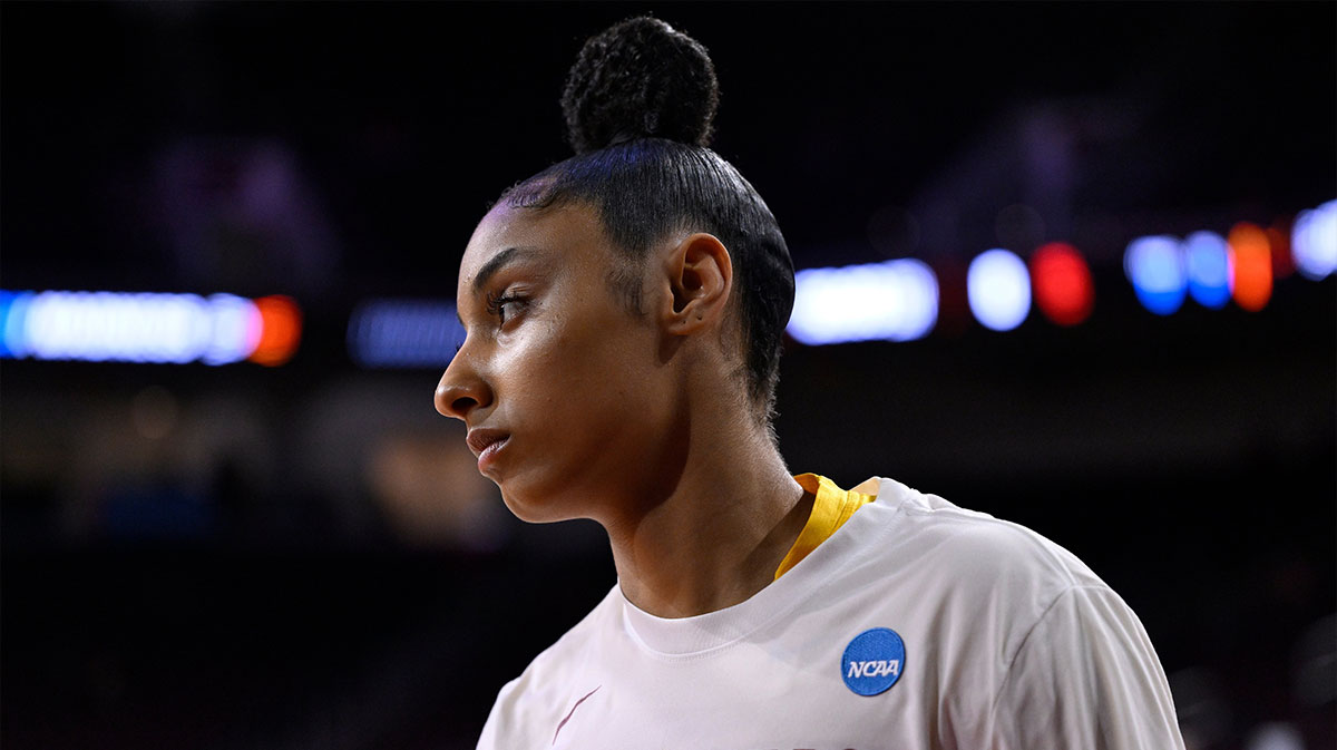 Trojans guard JuJu Watkins (12) during pregame warmups before an NCAA Tournament second round game against the Mississippi State Bulldogs at Galen Center