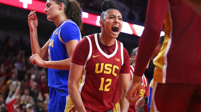JuJu Watkins celebrates after a play on the court against UCLA in NCAA Tournament