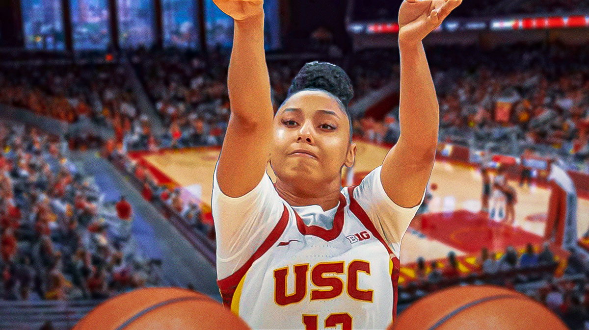 JuJu Watkins in her USC uniform shooting with a court in the background
