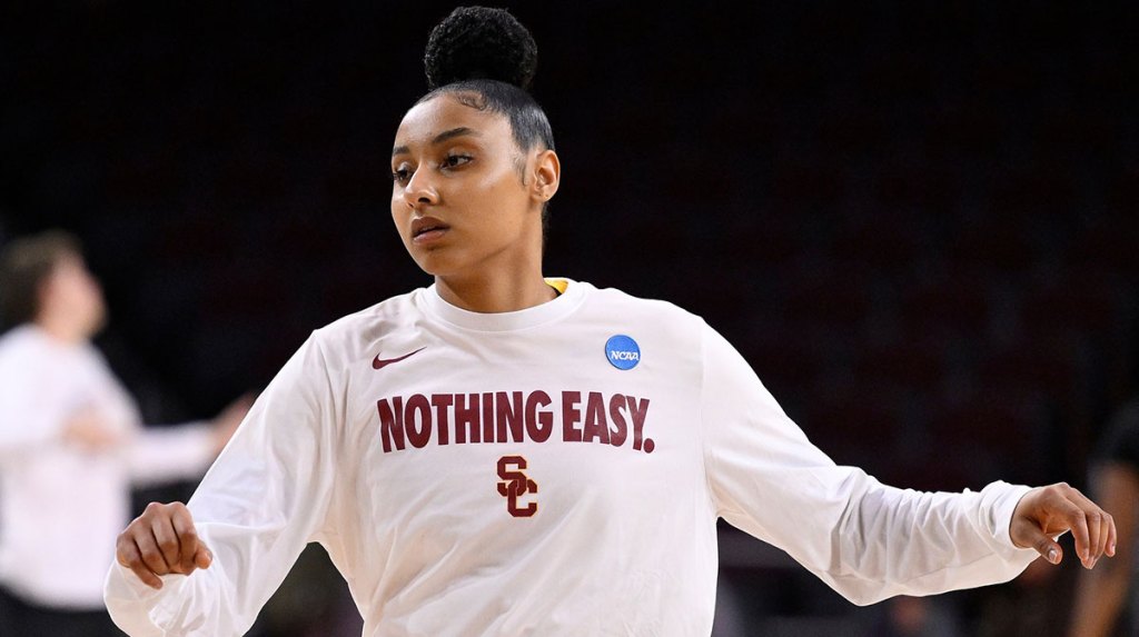 USC Trojans guard JuJu Watkins during pregame warmup before an NCAA Tournament second round game against the Mississippi State Bulldogs at Galen Center.
