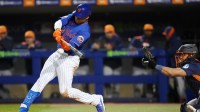 Mar 6, 2025; Port St. Lucie, Florida, USA; New York Mets outfielder Juan Soto (22) lines out to second base in the fourth inning against the Houston Astros at Clover Park.