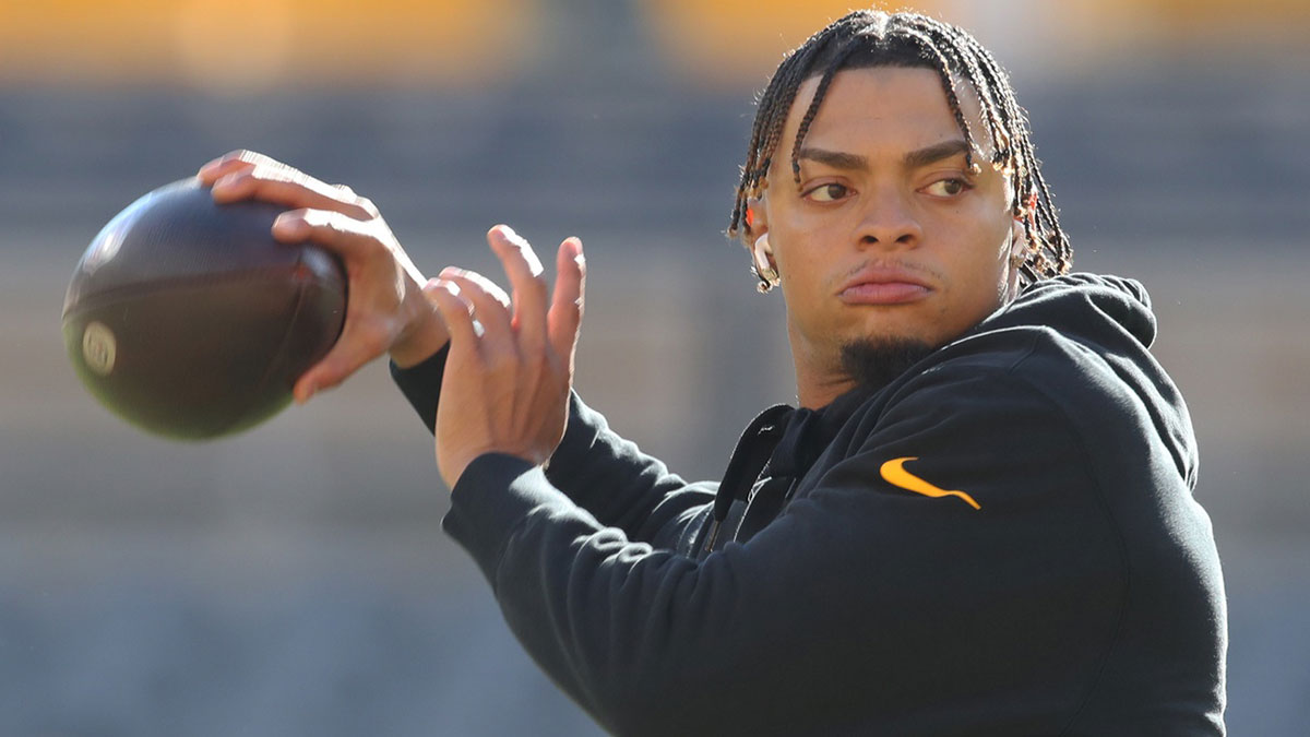 Dec 8, 2024; Pittsburgh, Pennsylvania, USA; Pittsburgh Steelers quarterback Justin Fields (2) warms up before the game against the Cleveland Browns at Acrisure Stadium.