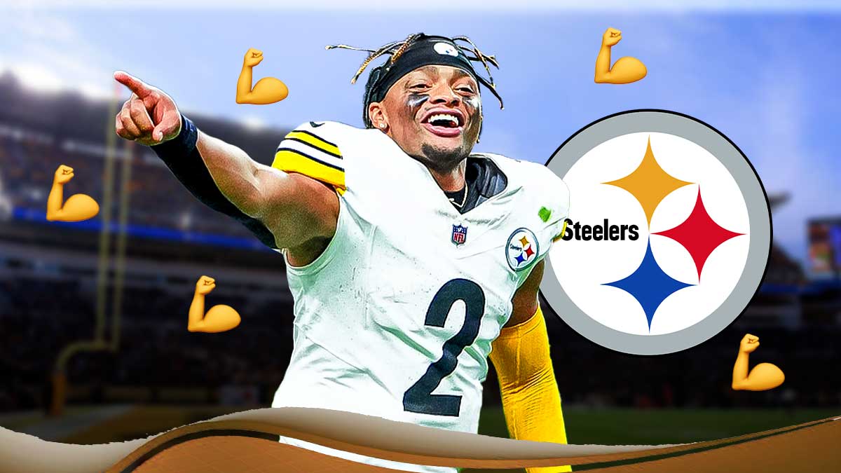 Steelers QB Justin Fields smiling with multiple 💪 emojis in background, as free agency approaches. Steelers logo behind him. Background is Acrisure Stadium.