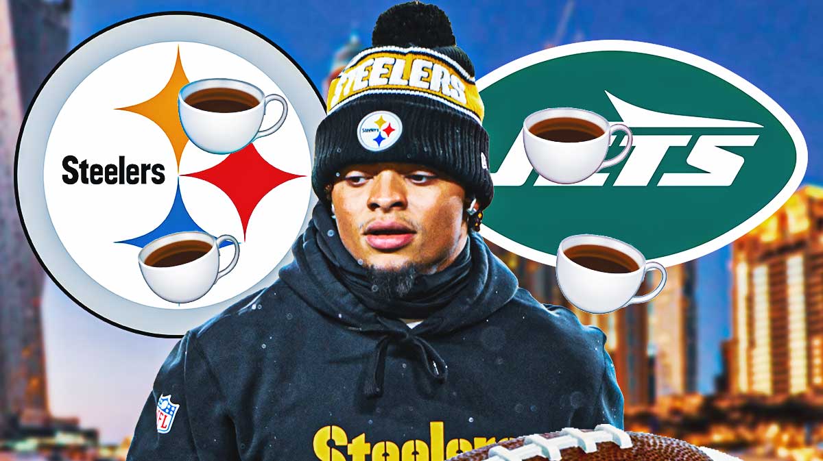 Steelers QB Justin Fields surrounded by coffee emojis (☕). The city of Dubai, United Arab Emirates is in the background. There are also logos for the Pittsburgh Steelers and New York Jets.