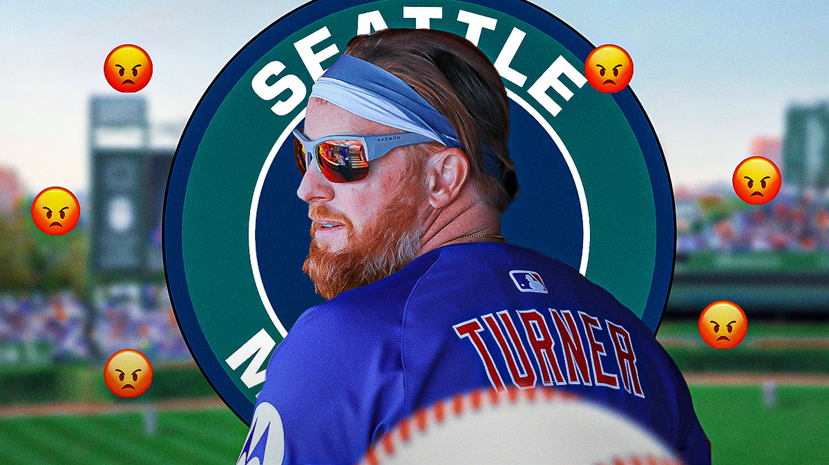 Justin Turner in a Cubs uniform with angry emojis around him. Mariners logo next to him.