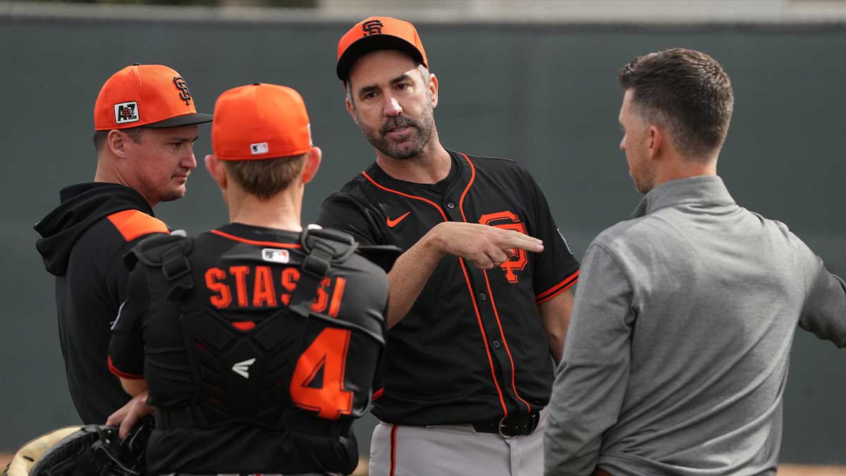 San Francisco Giants pitcher Justin Verlander (35) watches players work out in the bullpen during spring training camp.