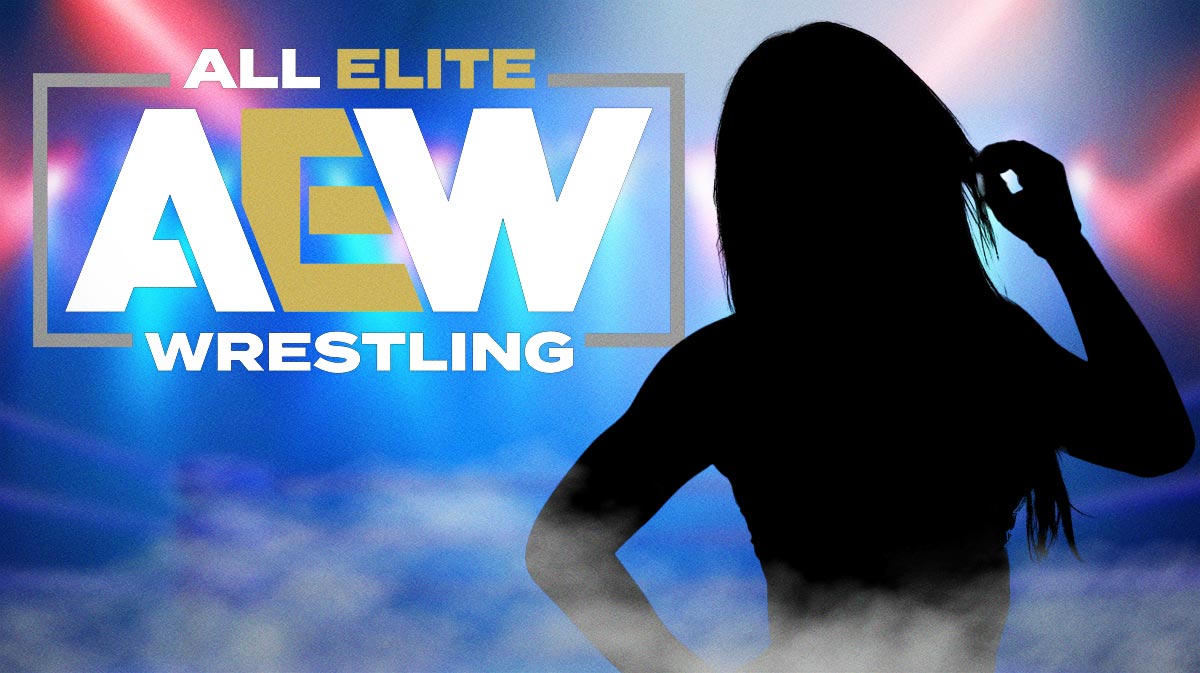 AEW logo and silhouette of Saraya, who announced she is leaving the company, who is formerly known for her time in WWE as Paige.