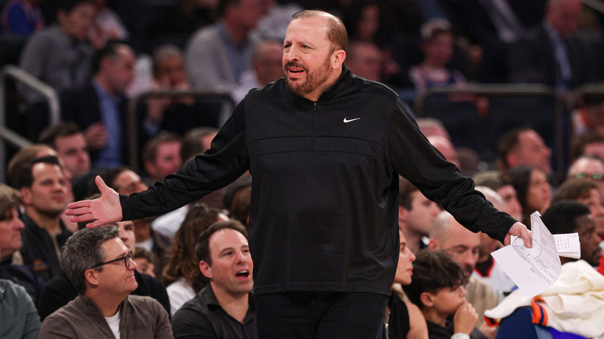 New York Knicks head coach Tom Thibodeau reacts during the first half against the Portland Trail Blazers at Madison Square Garden.