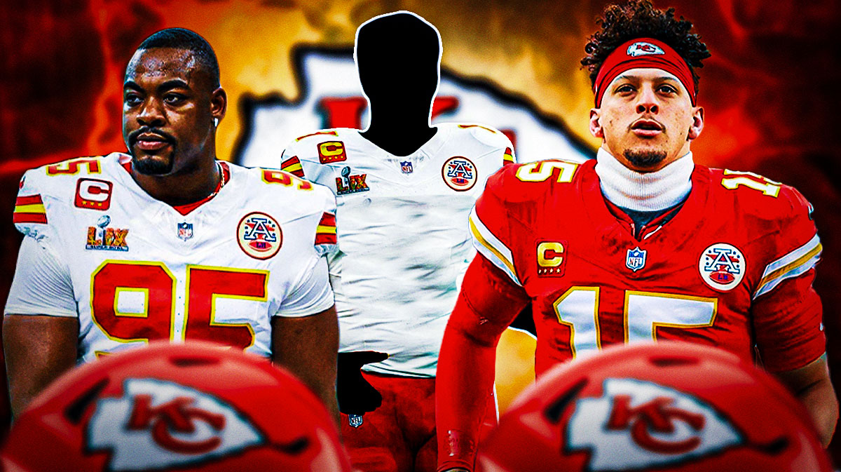 Mystery player in Kansas City Chiefs uniform in the middle, Chris Jones and Patrick Mahomes beside him, Kansas City Chiefs wallpaper in the background