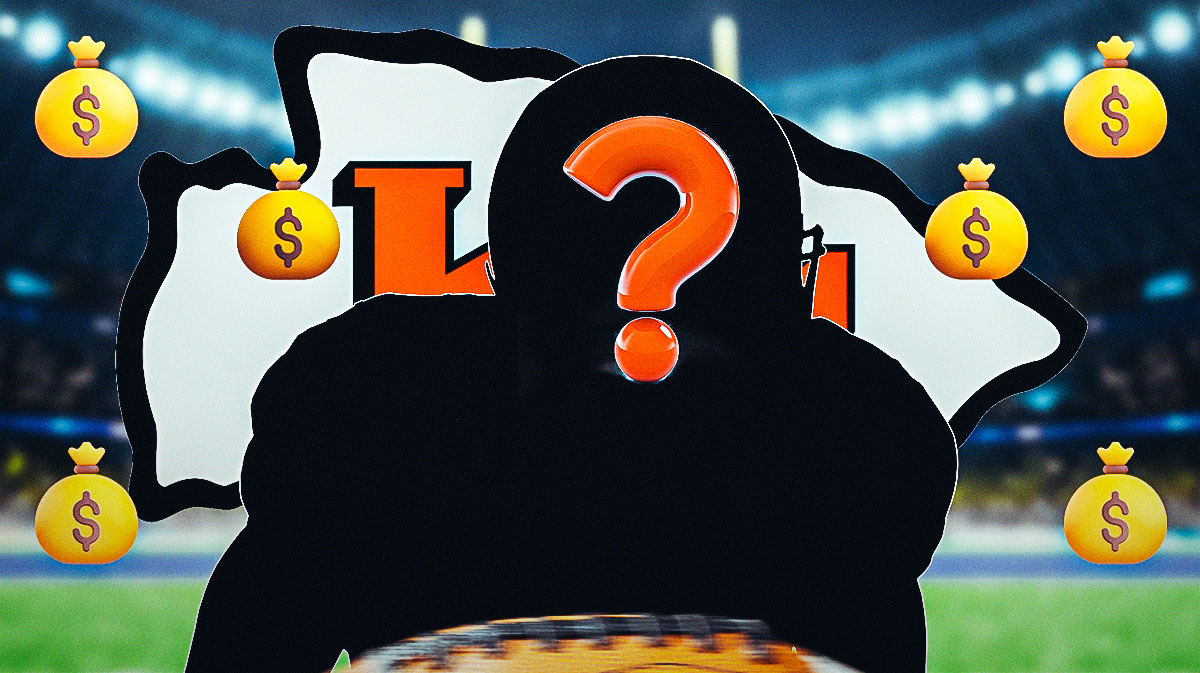 A silhouette of an American football player with a big question mark emoji inside. The silhouette is surrounded by money bag emojis (💰). There is also a logo for the Kansas City Chiefs.