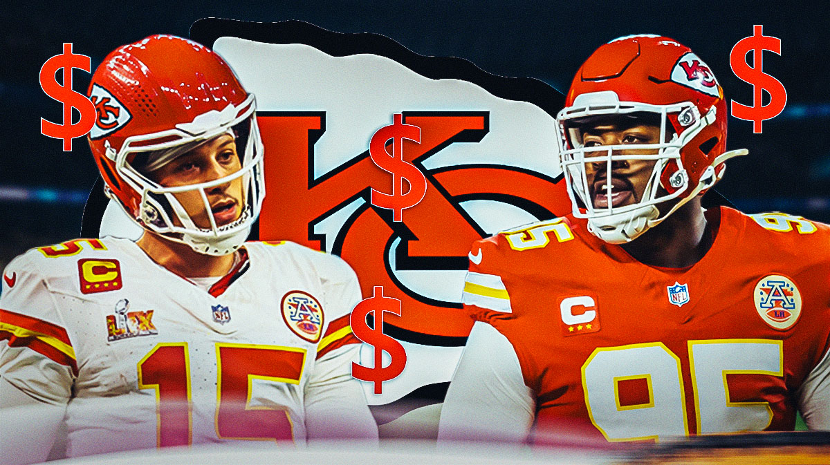 Chiefs QB Patrick Mahomes and DT Chris Jones surrounded by red dollar sign emojis. There is also a logo for the Kansas City Chiefs.