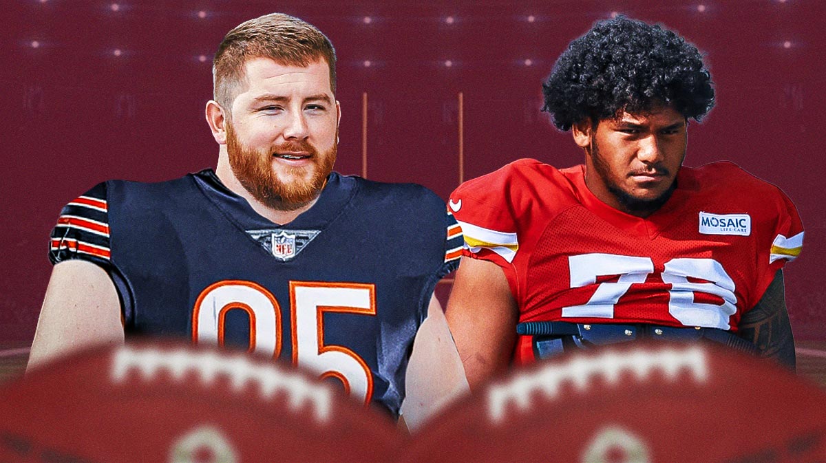 Joe Thuney in a Bears jersey and Kingsley Suamataia in a Chiefs jersey.