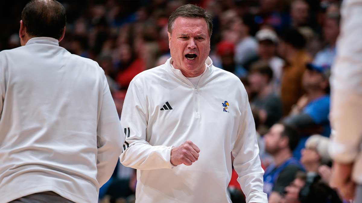 Kansas Jayhawks coach Bill Self reacts to game play during the second half against the Arizona Wildcats at Allen Fieldhouse.