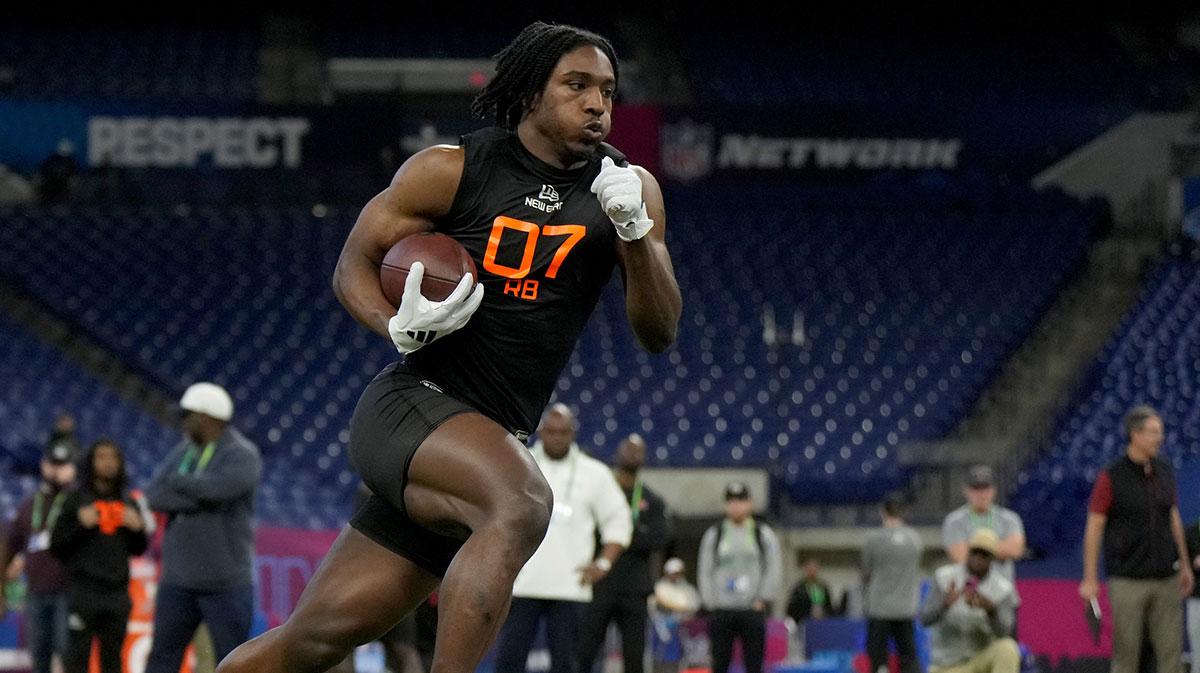 Mar 1, 2025; Indianapolis, IN, USA; Kansas State running back D.J. Giddens (RB07) during the 2025 NFL Combine at Lucas Oil Stadium.