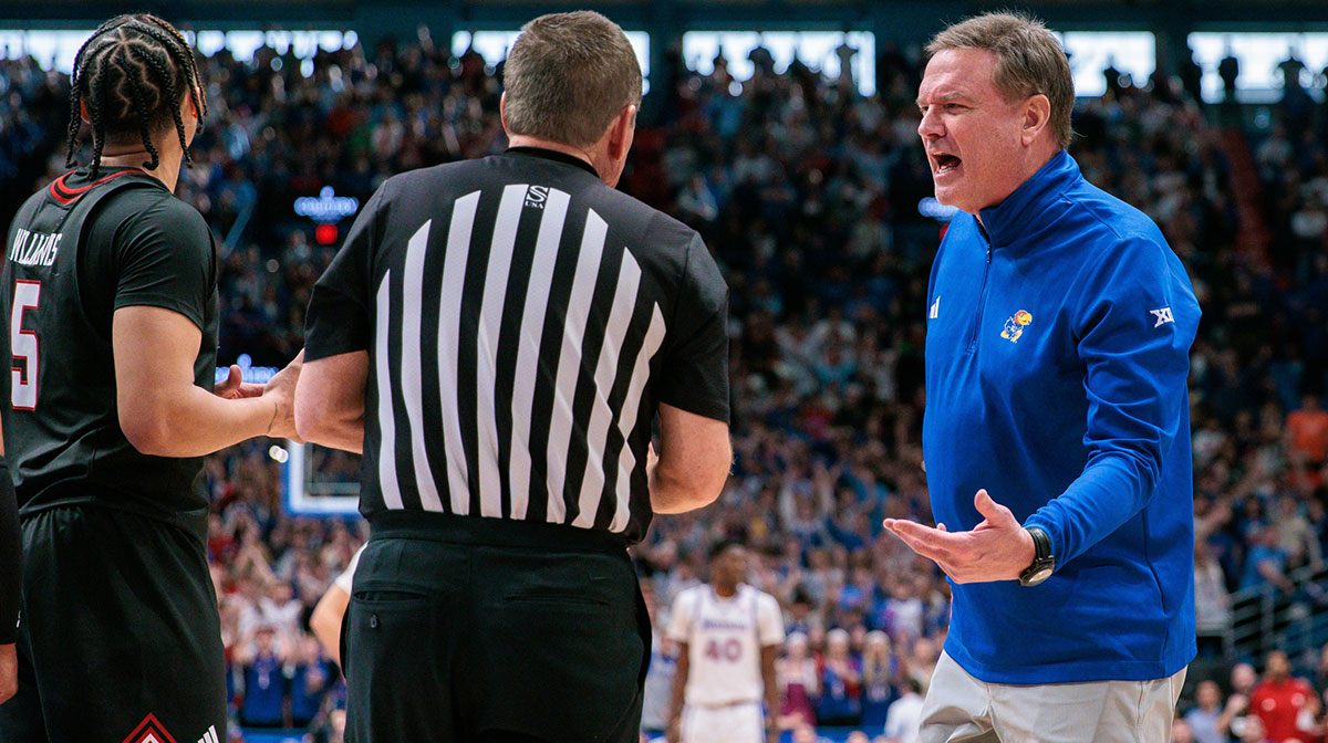 Coach for buses Kansas Jaihawks responds independently after a call during the second half against Texas Tech Red Striker in Allen Fieldhouse.