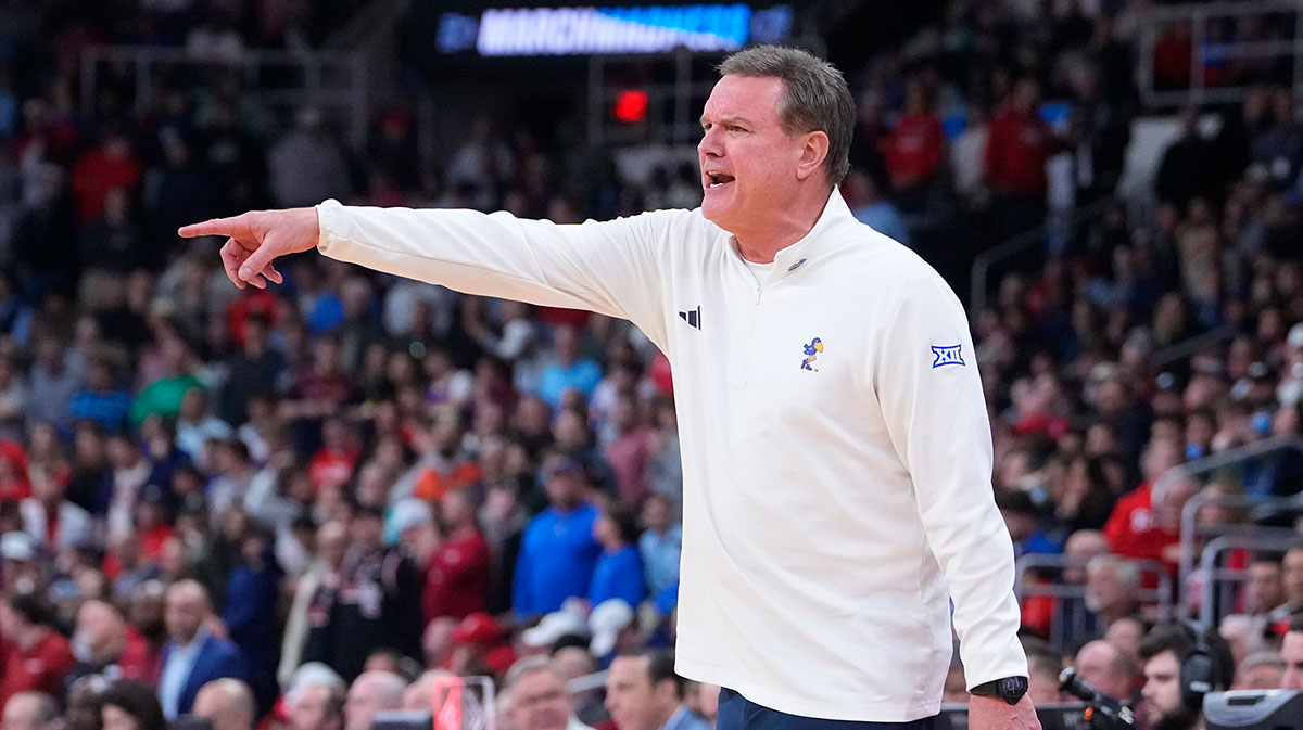 Mar 20, 2025; Providence, RI, USA; Kansas Jayhawks head coach Bill Self reacts during the second half against the Arkansas Razorbacks at Amica Mutual Pavilion