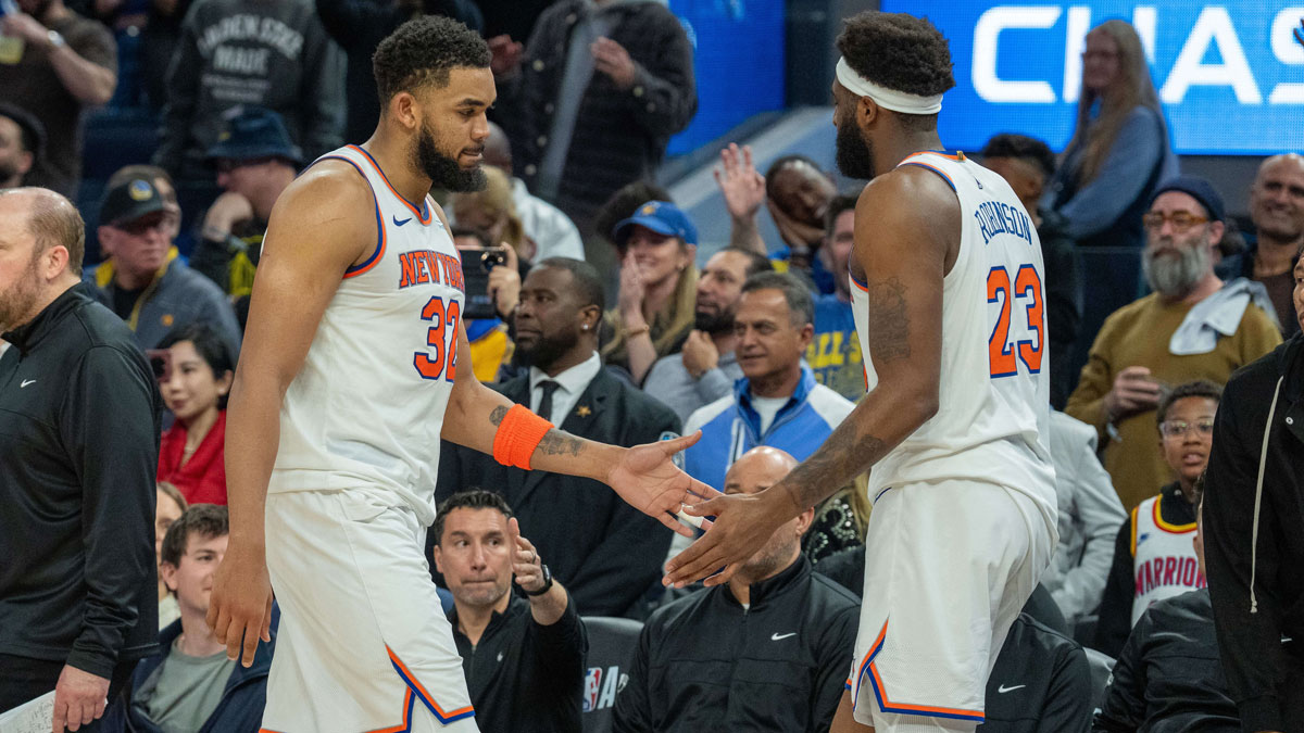 New York Knicks center Karl-Anthony Towns (32) fouls out of the game against the Golden State Warriors during the fourth quarter at Chase Center.