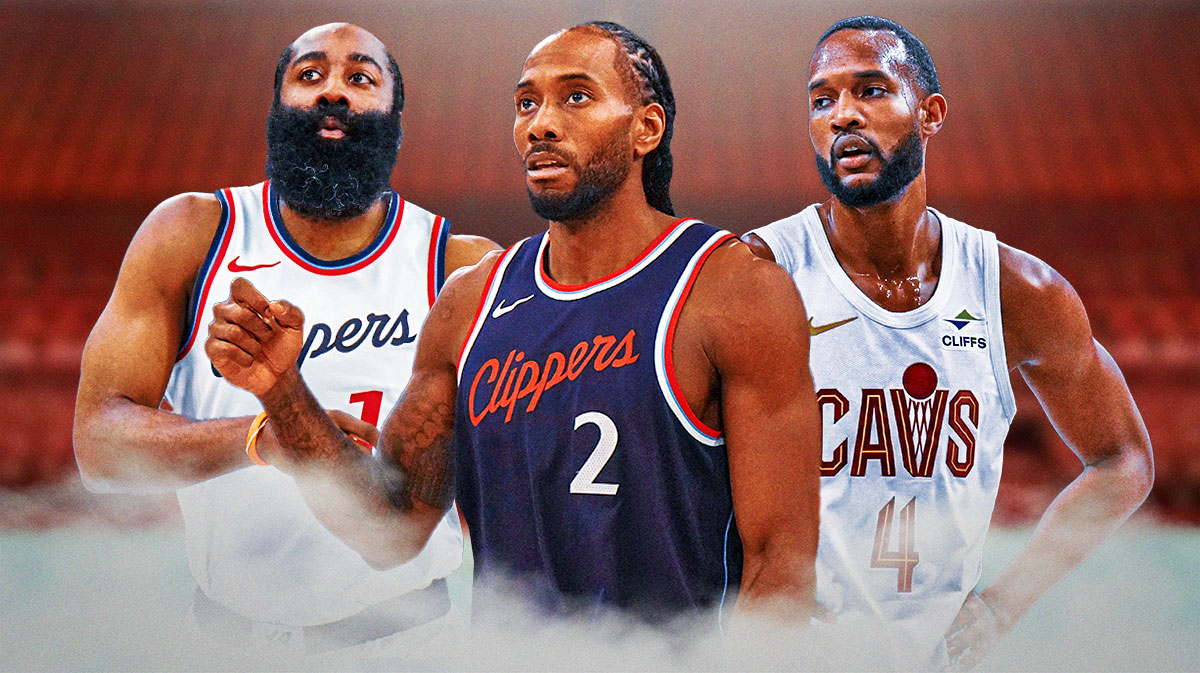 Kawhi Leonard not smiling, James Harden smiling, and Evan Mobley.