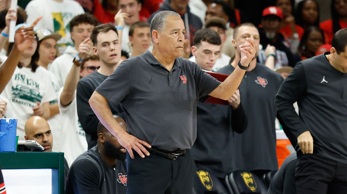Mar 8, 2025; Waco, Texas, USA; Houston Cougars head coach Kelvin Sampson reacts against the Baylor Bears during the first half at Paul and Alejandra Foster Pavilion. Mandatory Credit: Chris Jones-Imagn Images