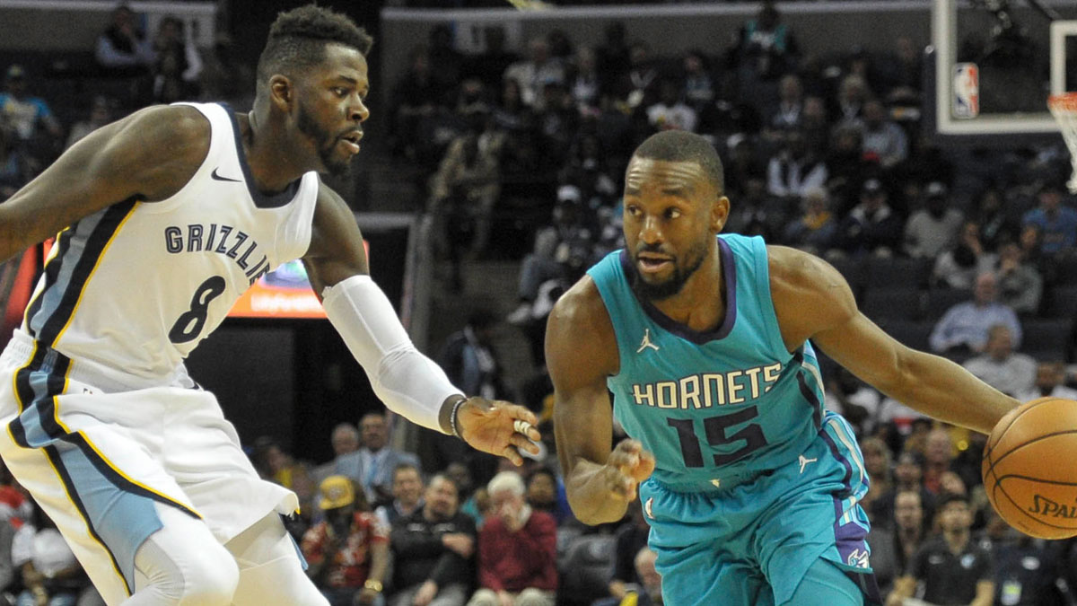 Charlotte Hornets Guard Kemba Walker (15) goes to basket v. Memphis Grizzlies Next James Ennis III (8) During the second half in FedExforum. Charlotte Hornets is defeated by Memphis Grizzlies 104-99. 