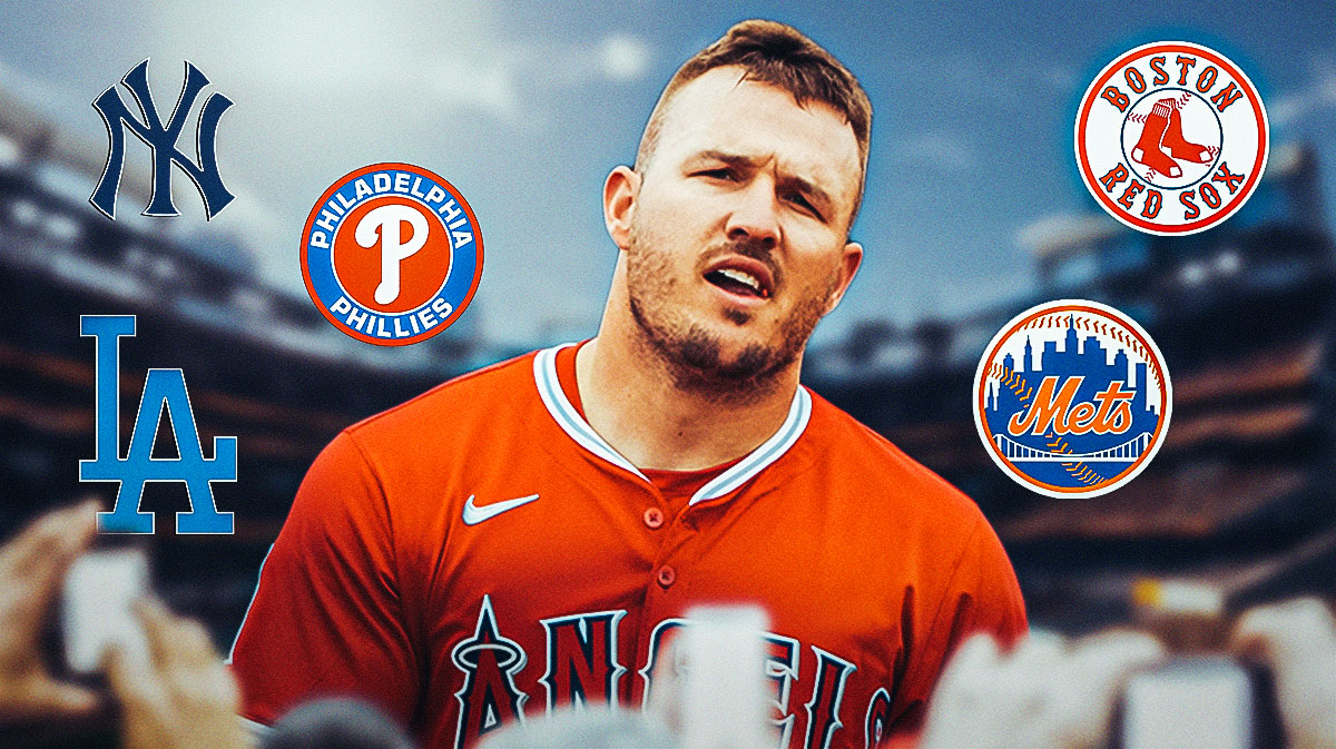 Angels Mike Trout looking serious in front. Place the following five team 2025 logos in background: New York Yankees, Philadelphia Phillies, Los Angeles Dodgers, Boston Red Sox and New York Mets