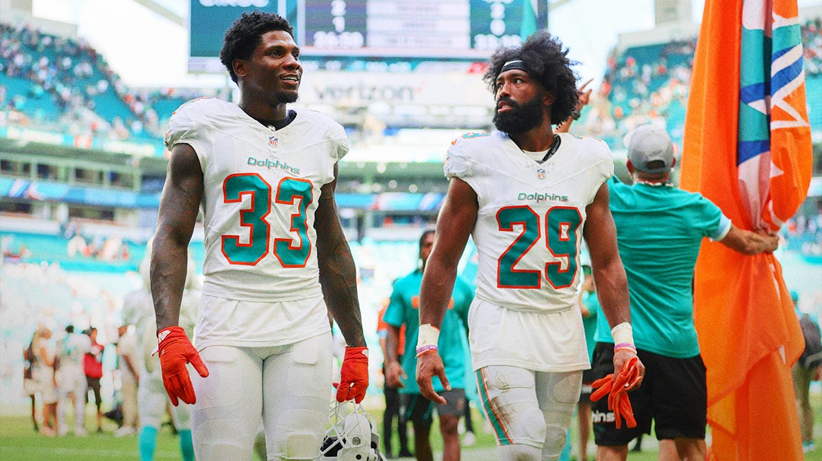 Miami Dolphins cornerback Siran Neal (33) and cornerback Kendall Fuller (29) look on after the game against the Jacksonville Jaguars at Hard Rock Stadium.