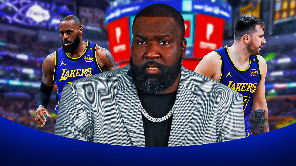 Kendrick Perkins looking at Lakers stars Luka Doncic and LeBron James.