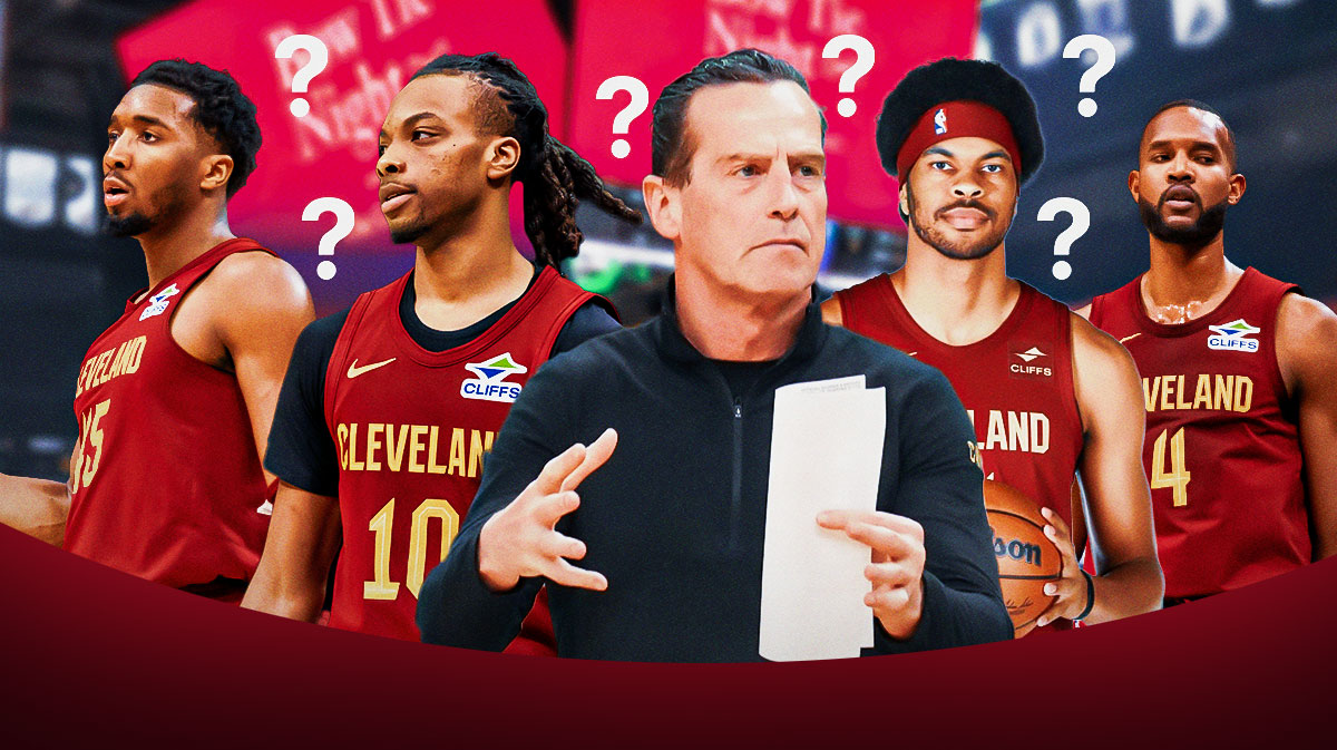 Kenny Atkinson, standing next to Darius Garland, Donovan Mitchell, Jarrett Allen and Evan Mobley surrounded by question marks featuring a Cavs/NBA Playoffs-inspired BG.