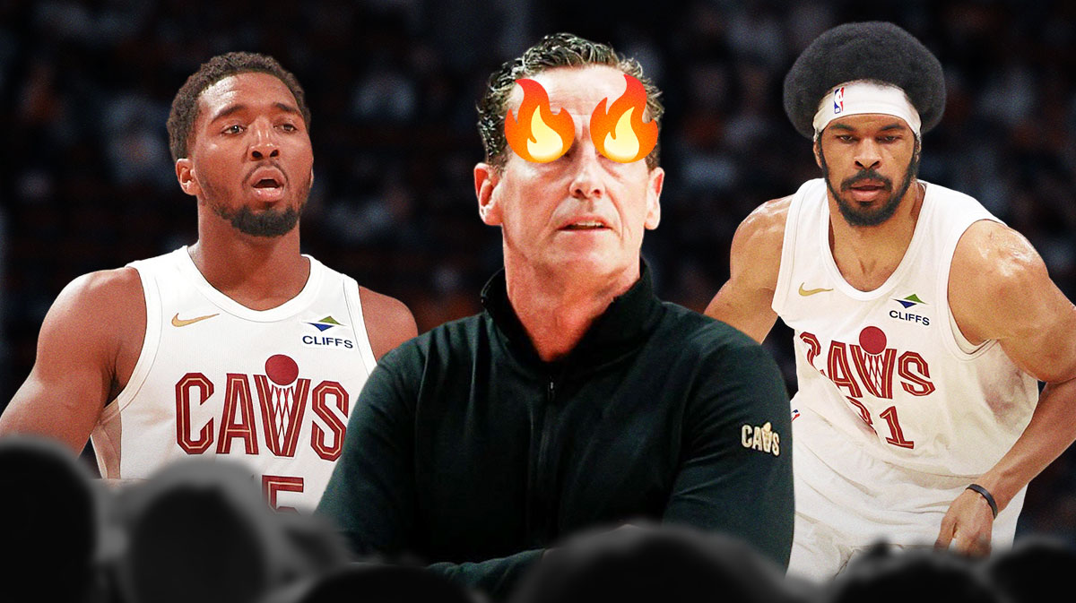 Kenny Atkinson (with fire in his eyes and steam coming out of his ears) looking at Donovan Mitchell and Jarrett Allen (who are both going super Saiyan) featuring a flying water bottle and a Cavs-Clippers-themed BG.