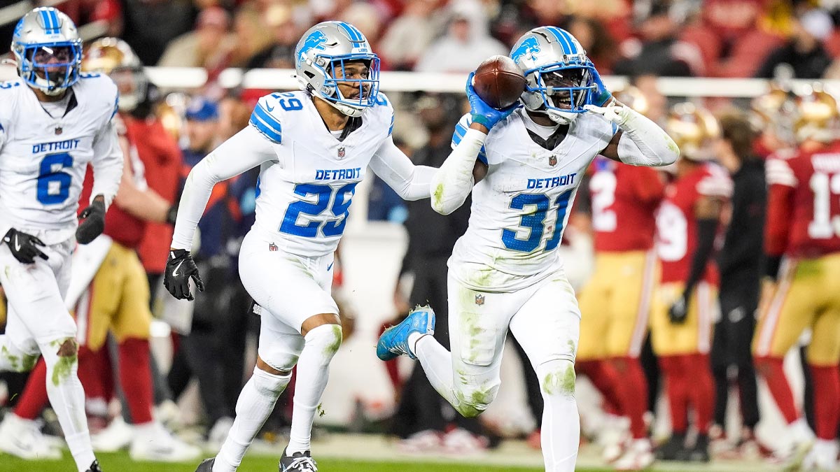 Detroit Lions safety Kerby Joseph (31) celebrates an interception (his second of the game) against San Francisco 49ers during the second half at Levi's Stadium in Santa Clara, Calif. on Monday, Dec. 30, 2024.