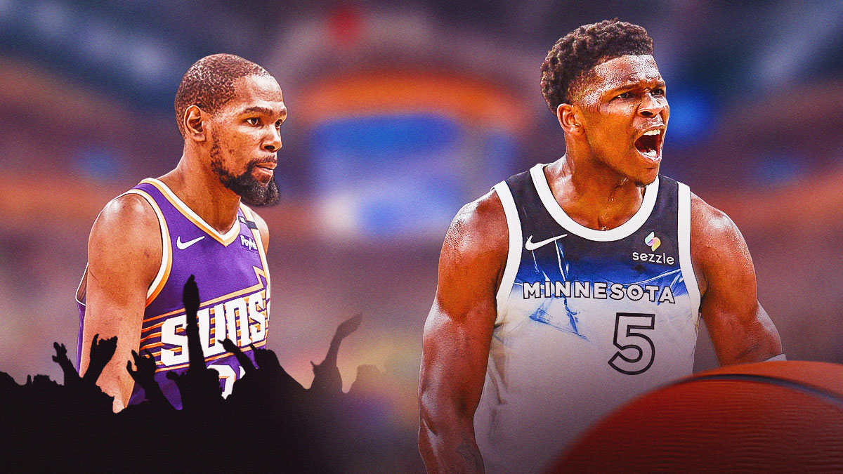 Kevin Durant looking sad, with silhouettes of fans around him. There's also Anthony Edwards looking hyped beside him.