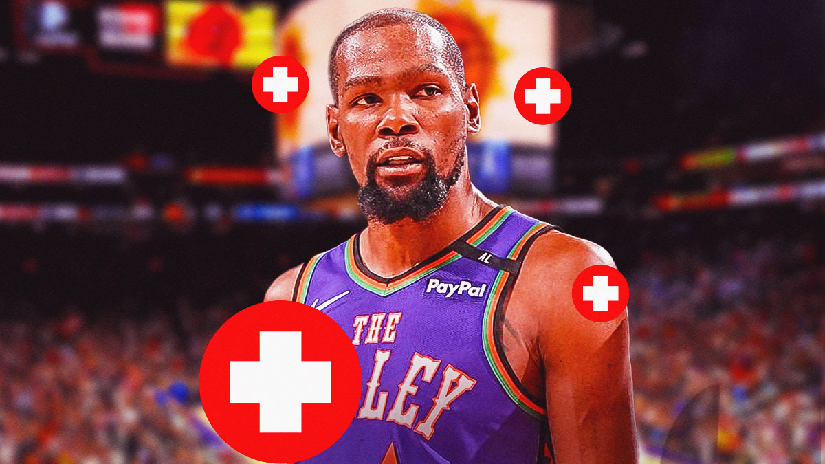 Kevin Durant in a Suns jersey with medical signs around him.