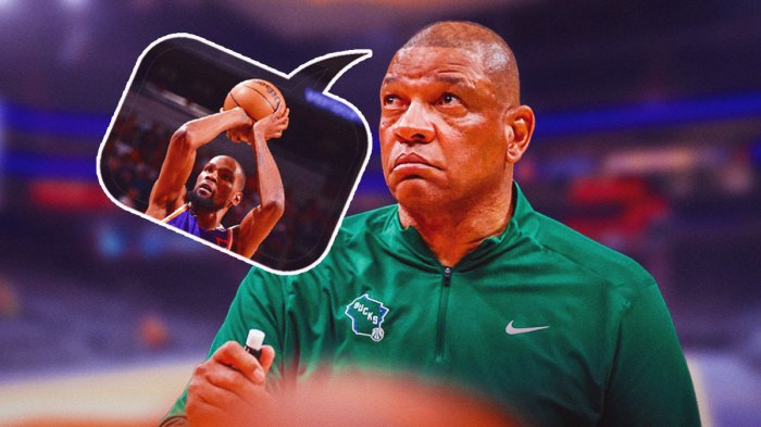 Doc Rivers with a thought bubble of Kevin Durant in a Suns jersey shooting a 3-pointer.