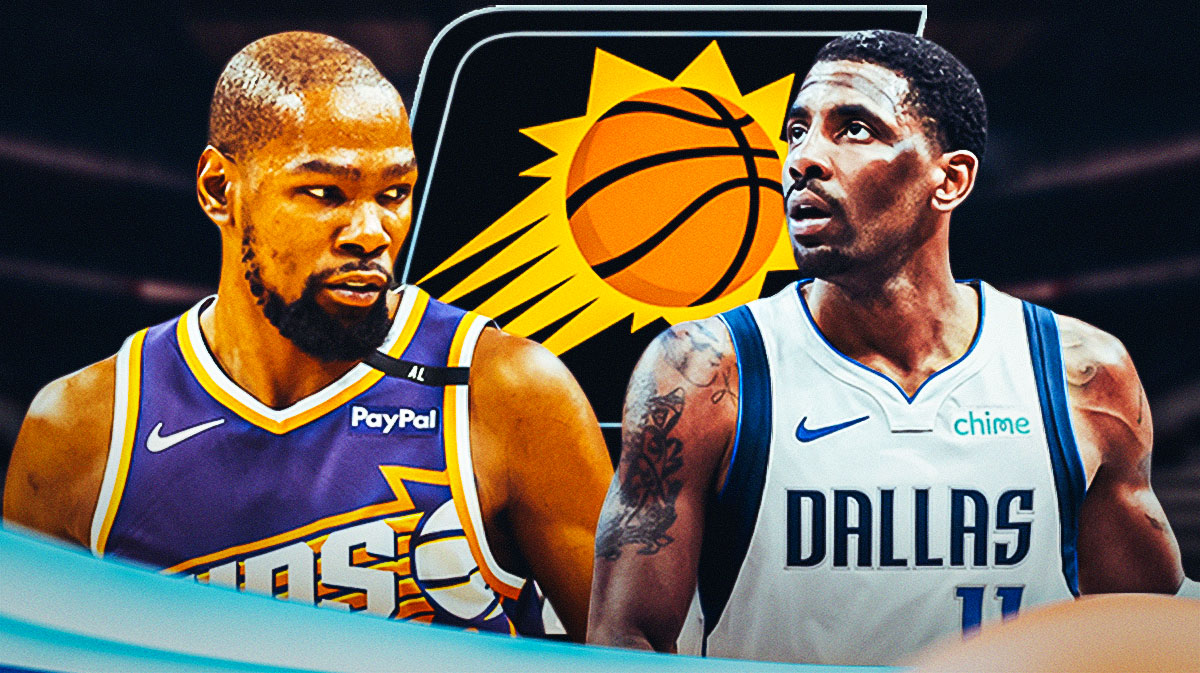 Suns All-Star Kevin Durant next to Mavs All-Star Kyrie Irving with the Suns logo in the background