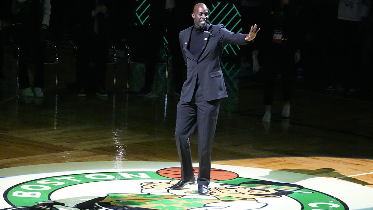 Basketball Hall of Fame and former Boston Celtic, Kevin Garnett is introduced during his number retirement ceremony after game between the Boston Celtics and the Dallas Mavericks at TD Garden.