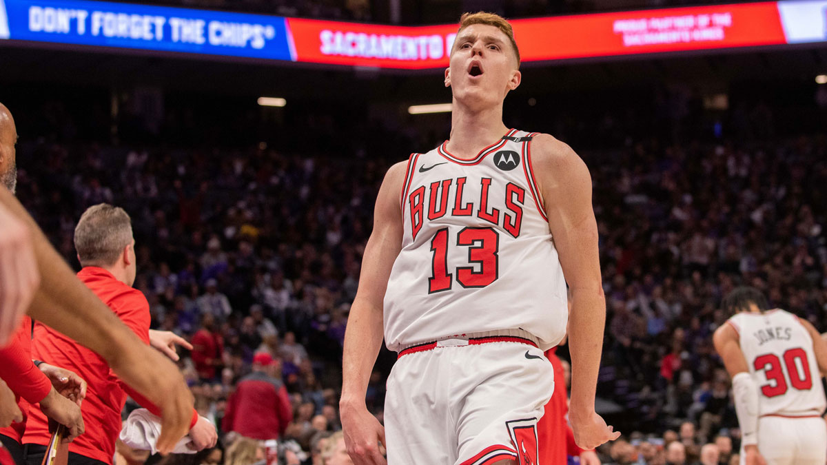 Chicago Bulls guard Kevin Huerter (13) reacts after making a three-point shot during the fourth quarter of the game against the Sacramento Kings at Golden 1 Center.