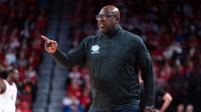 Southern University Jaguars head coach Kevin Johnson points to a player during the first half against the Nebraska Cornhuskers at Pinnacle Bank Arena.